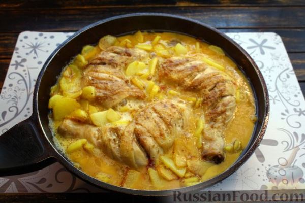 Курица с картошкой в яичной заливке (на сковороде)