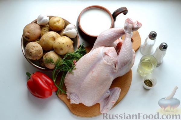 Курица в кефирном маринаде, запечённая с картофелем и болгарским перцем