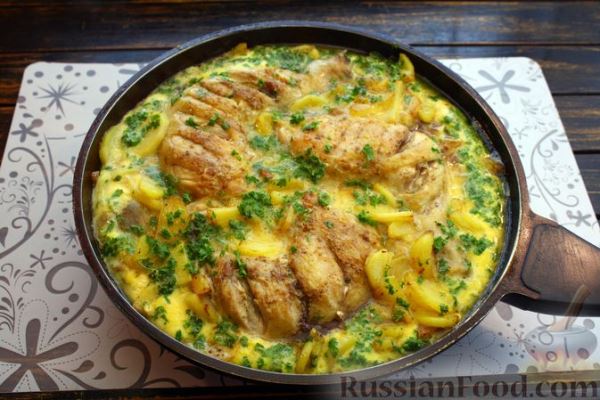 Курица с картошкой в яичной заливке (на сковороде)