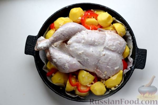 Курица в кефирном маринаде, запечённая с картофелем и болгарским перцем
